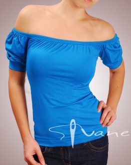 Блуза с набрано бие, голи рамене и късо набрано ръкавче