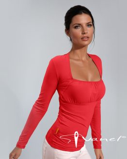 дамска блуза с равно набрано деколте и дълъг ръкав червена