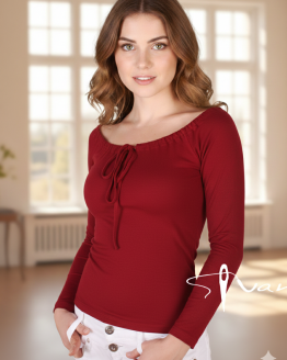 дамска блуза с отворено деколте и връзк с дълъг ръкав в тъмно червен цвят