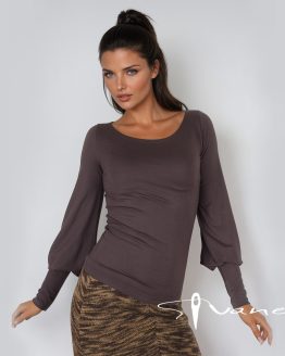 блуза с дълги широки ръкави и обло деколте роко бароко ръкави тъмно кафява