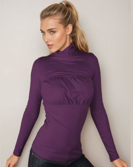 дамска блуза с поло и обемно набрадо деколте с дълъг ръкав в тъмно лилаво