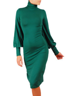 рокля с поло яка, широки ръкави, зелена